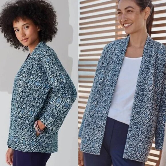 J.JILL Quilted Square-Sleeve Jacket Blue Diamond Geometric Open Front Size M - Picture 1 of 7